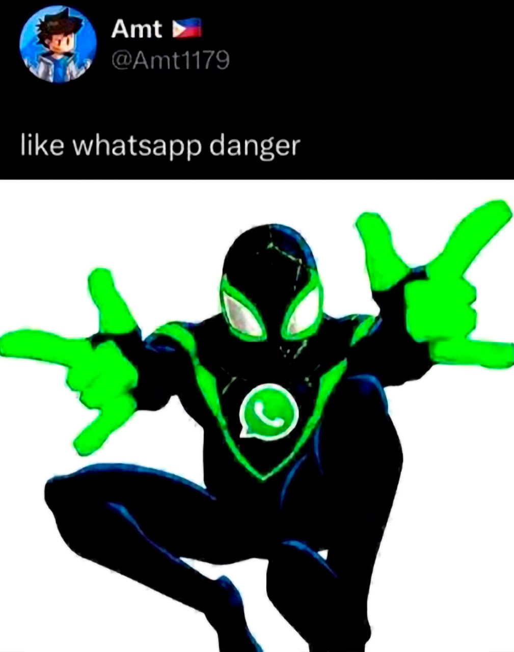 Like whatsapp danger Человек-паук в черно-зеленом костюме с логотипом WhatsApp на груди, изображенный в позе, напоминающей полет или нападение. Он также имеет светящиеся зеленые глаза и кончики пальцев.