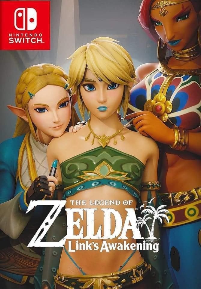 Линк в образе герудо Постер, на котором Линк из The Legend of Zelda изображен в женской одежде герудо с помадой на губах, а Зельда и герудо находятся рядом с ним.