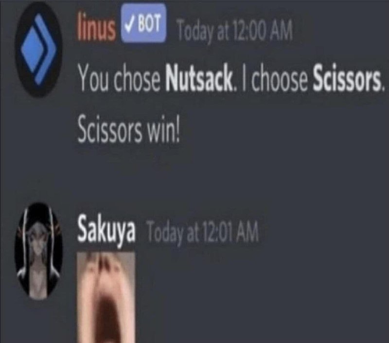 Linus выбрал ножницы Мем про выбор ножниц ботом Linus и крик пользователя Sakuya
