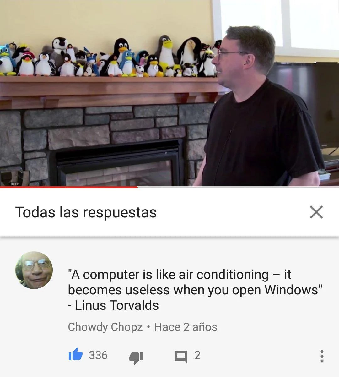 Компьютер бесполезен, когда вы открываете Windows Мем с изображением Линуса Торвальдса и его известной цитатой о том, что компьютер бесполезен при использовании Windows, сравнивая это с кондиционером.