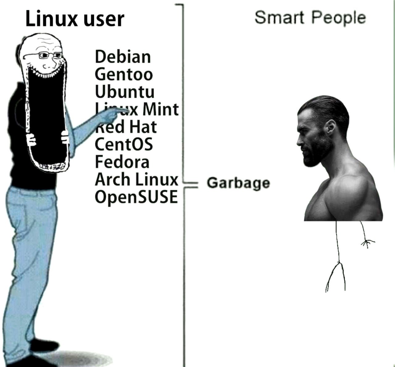 Пользователь Linux и мусор Мем, сравнивающий пользователя Linux, который перечисляет различные дистрибутивы, с «умными людьми», которые считают эти дистрибутивы «мусором».