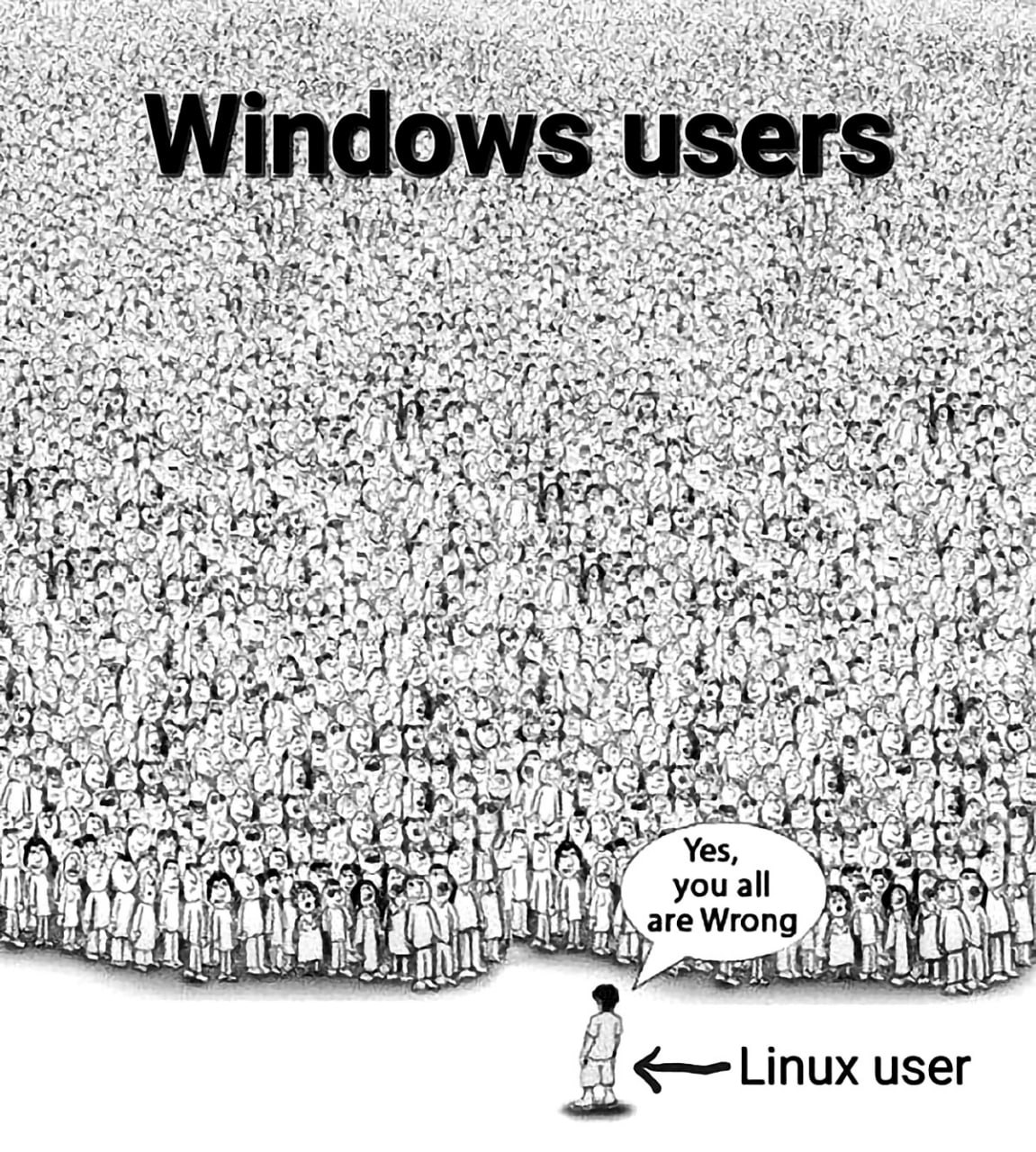 Да, вы все неправы Linux user Мем, где маленький мальчик, символизирующий пользователя Linux, заявляет огромной толпе пользователей Windows, что они неправы.