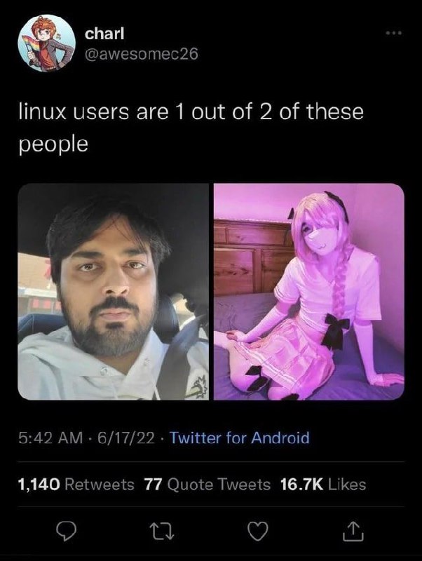 Linux users are 1 out of 2 of these people Два типа пользователей Linux: серьезный бородатый мужчина и человек в образе аниме-девочки.