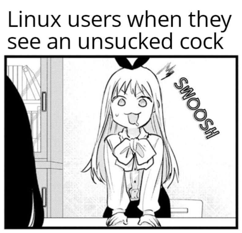 Пользователи Linux, когда видят несжатый член Мем с аниме-девушкой и реакцией пользователей Linux на увиденный несжатый член.