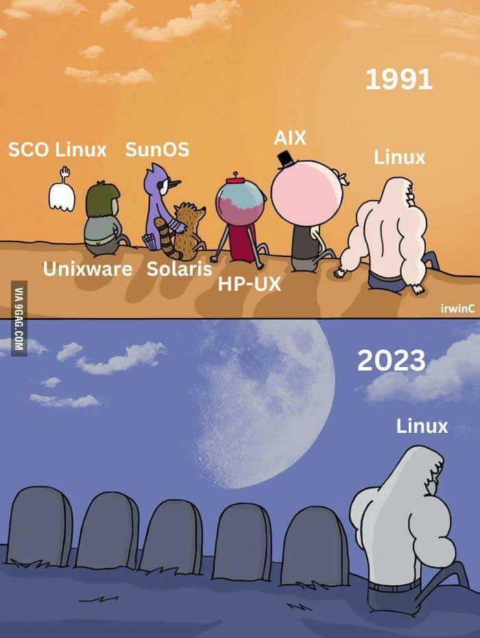 Linux в 1991 и 2023 Мем, где показано, как Linux доминировал на рынке операционных систем в 1991 и 2023 годах на фоне угасания конкурентов.