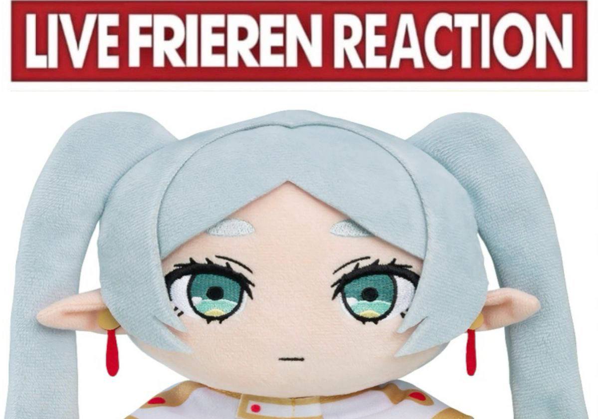 Live Frieren Reaction Мем с мягкой игрушкой Фрирен и надписью «Живая реакция Фрирен»