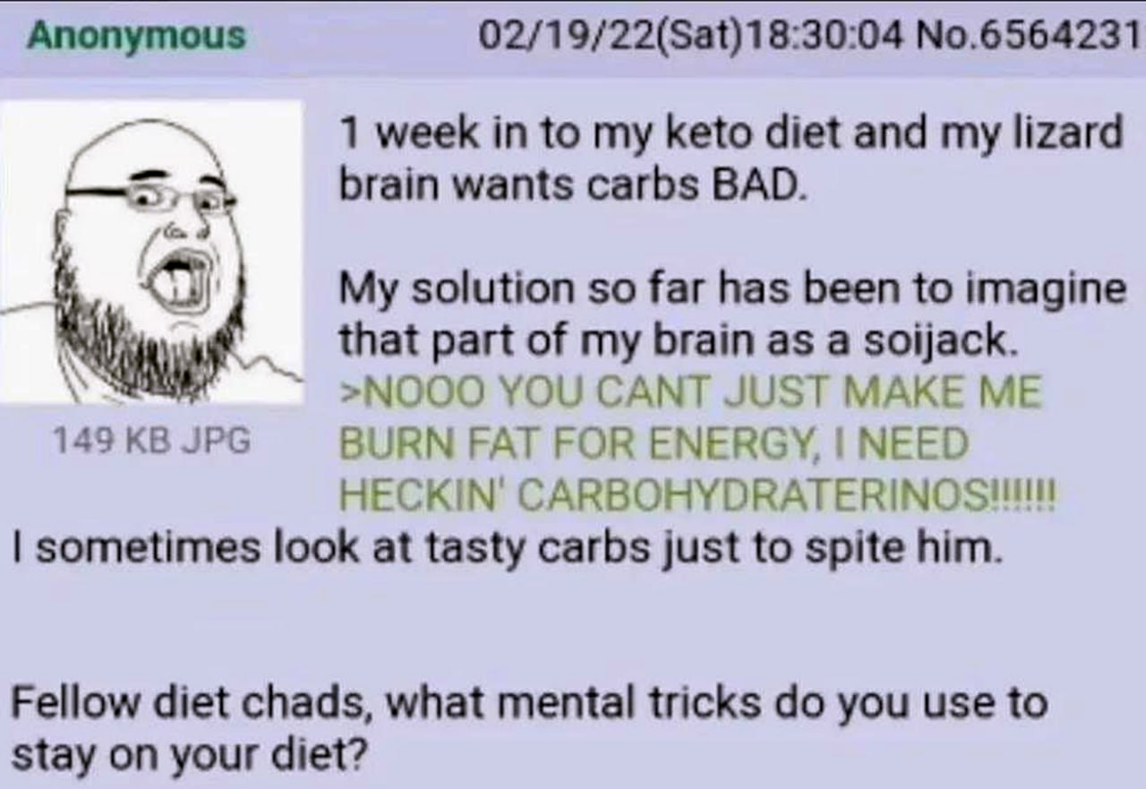 Lizard brain wants carbs Мем о том, как мозг, похожий на сойджека, требует углеводы, в то время как человек сидит на кето-диете.