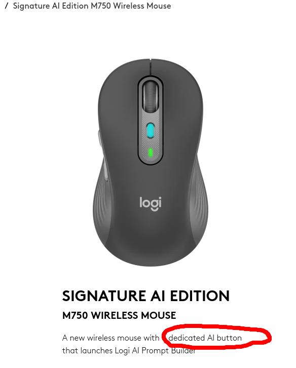 Мышь Logitech с кнопкой AI Беспроводная мышь Logitech Signature AI Edition M750 с выделенной кнопкой искусственного интеллекта для запуска Logi AI Prompt Builder.