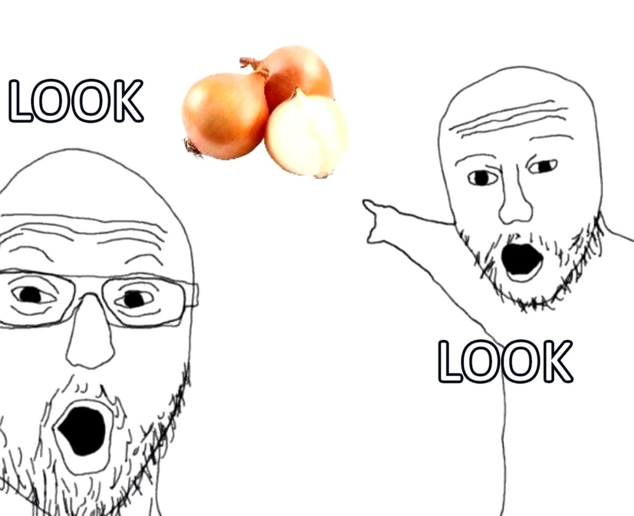 Мем "Look" с луком Двое мужчин, кричащие "LOOK" и указывающие на лук