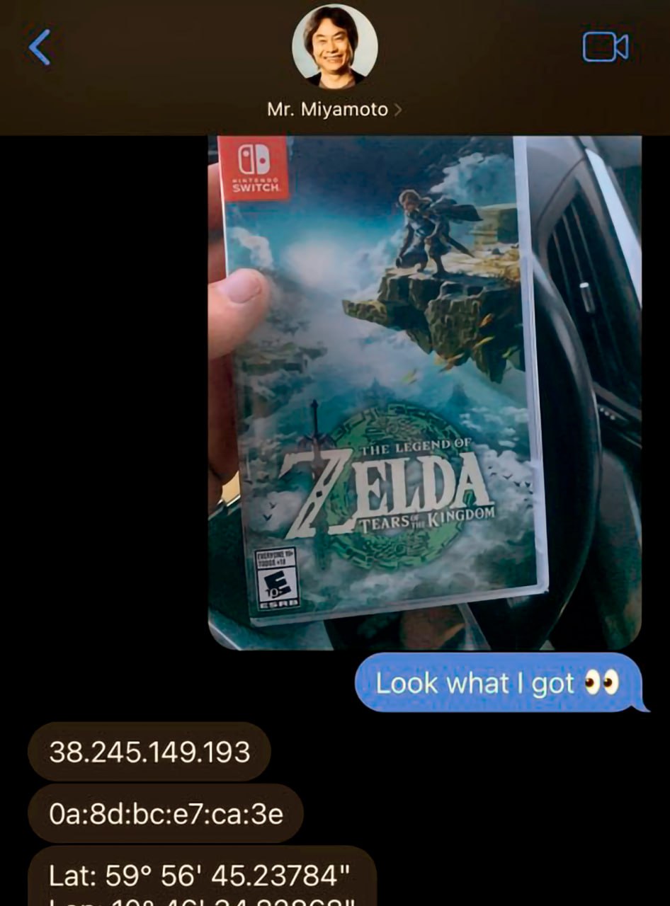 Look what I got Мем с человеком, который показывает коробку с игрой The Legend of Zelda: Tears of the Kingdom и получает в ответ координаты