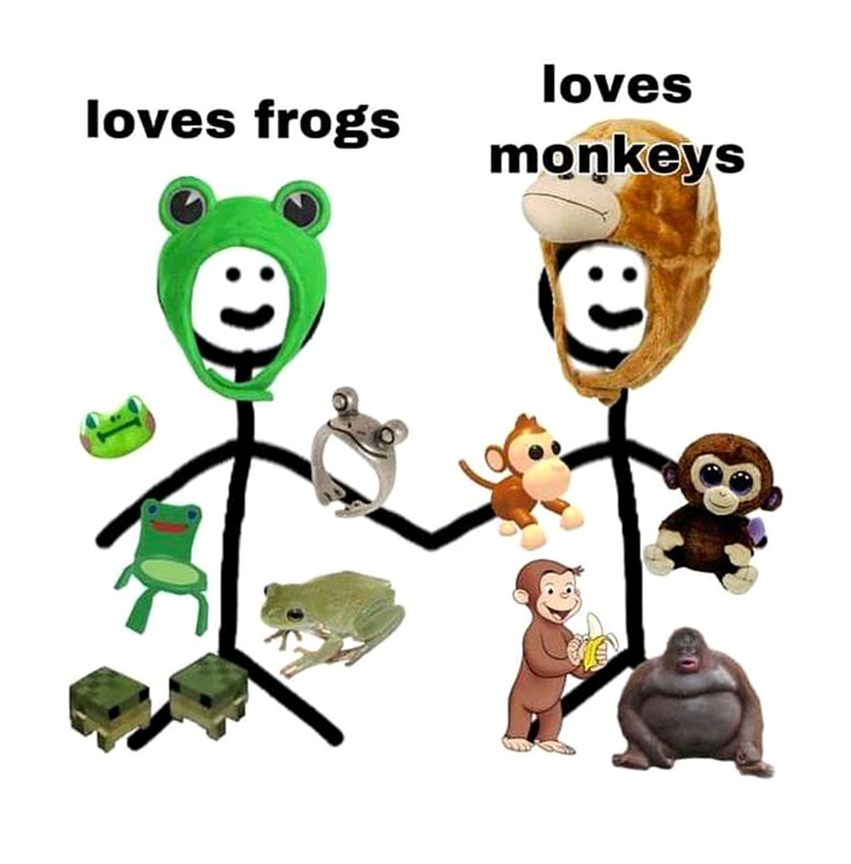Loves frogs loves monkeys Две палки-человечки в шапках лягушки и обезьяны, окруженные своими любимыми животными.