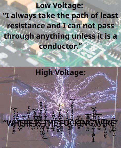Мем с текстом "Low Voltage: I always take the path of least resistance and I can not pass through anything unless it is a conductor. High Voltage: WHERE IS THE FUCKING WIRE"