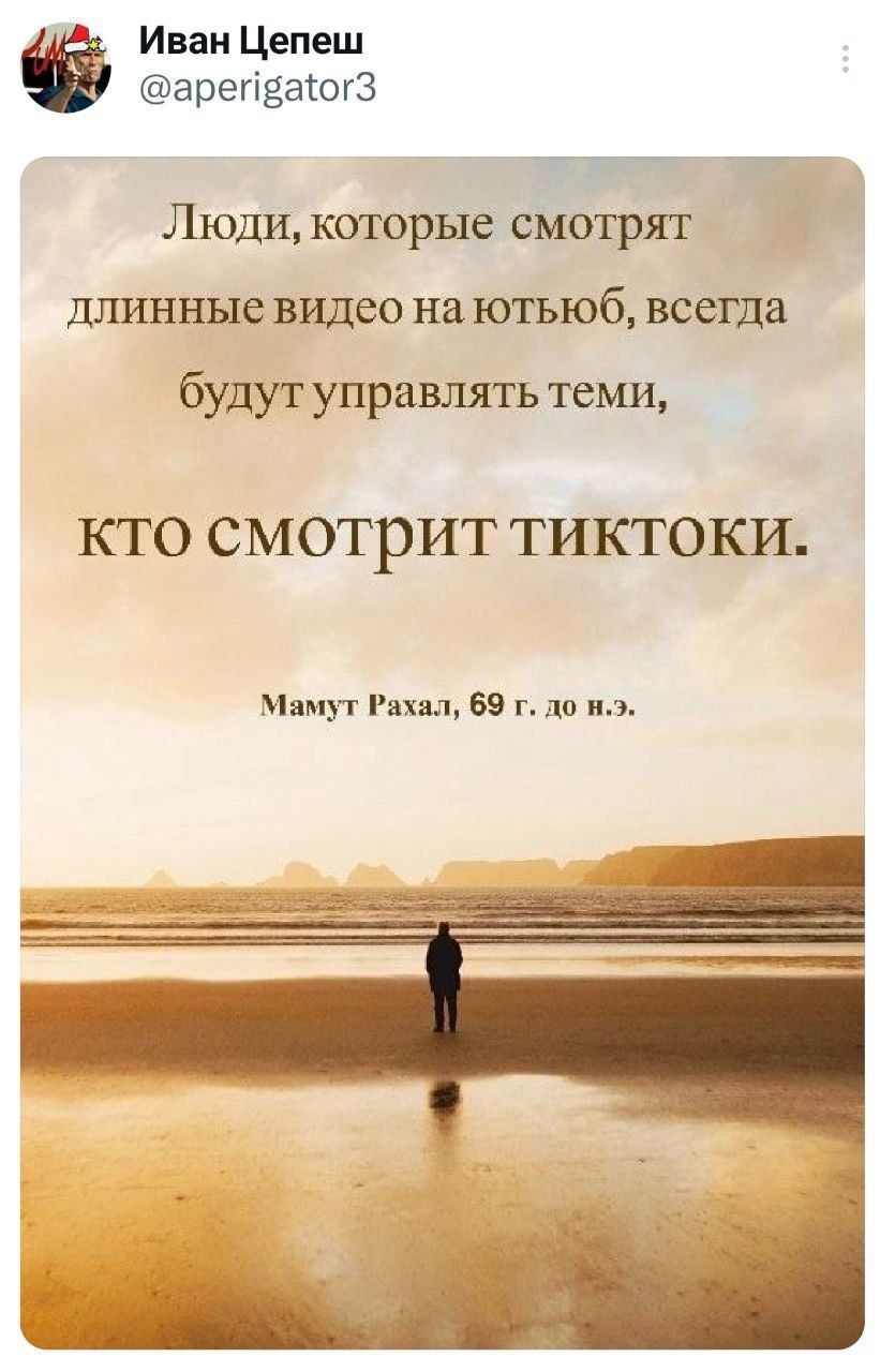 Люди, которые смотрят длинные видео на ютьюб, всегда будут управлять теми, кто смотрит тиктоки Цитата «Люди, которые смотрят длинные видео на ютьюб, всегда будут управлять теми, кто смотрит тиктоки» на фоне одинокого человека на пляже.