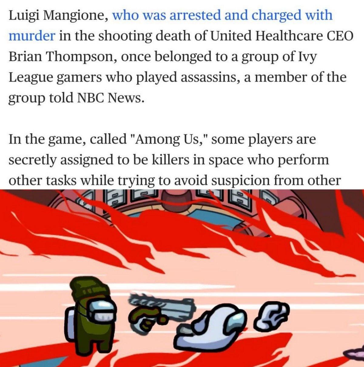 Luigi Mangione Among Us Мем с заголовком новости про Луиджи Манджоне и кадром из Among Us