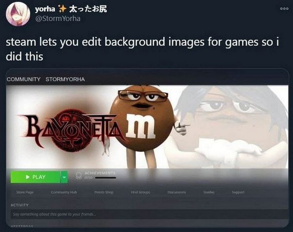 M&M's Bayonetta в Steam Мем про кастомизацию фонов в Steam: Байонетта и M&M's в одном изображении.