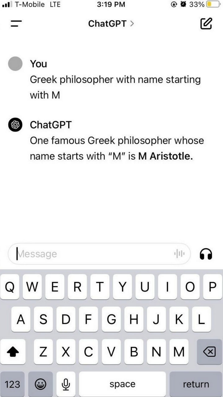 M Aristotle ChatGPT ответил "M Аристотель" на вопрос о греческом философе на букву М