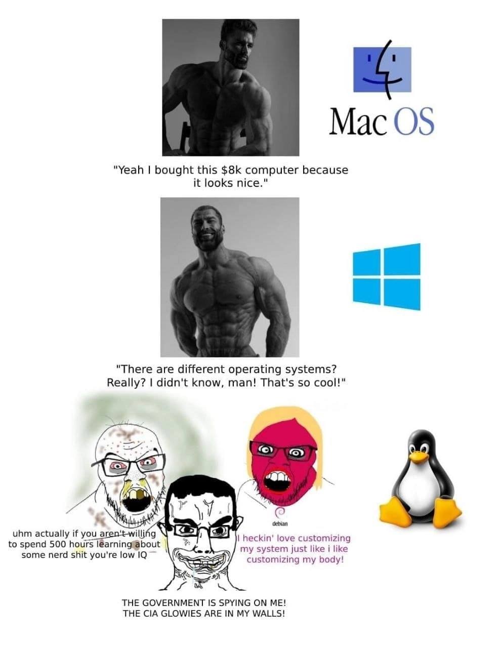 Пользователи Mac OS, Windows и Linux Мем, сравнивающий пользователей различных операционных систем: Mac OS, Windows и Linux, с помощью стереотипных изображений "гигачадов" и "вояк".