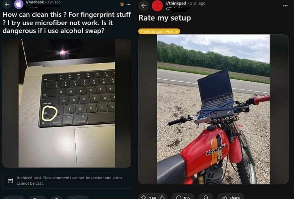 MacBook против ThinkPad Мем, сравнивающий запросы на Reddit от пользователей MacBook и ThinkPad, где владелец MacBook интересуется чисткой ноутбука, а владелец ThinkPad показывает свой ноутбук, прикрепленный к мотоциклу.