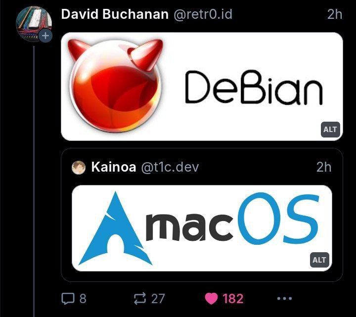 macOS против Debian Сравнение логотипов Debian и macOS в двух постах в социальной сети.