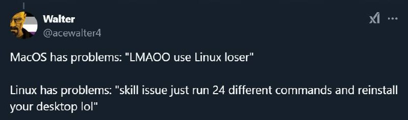 MacOS vs Linux проблемы Мем, сравнивающий решение проблем в MacOS и Linux, где для первой предлагают перейти на Linux, а для второй – выполнить множество команд и переустановить рабочий стол.