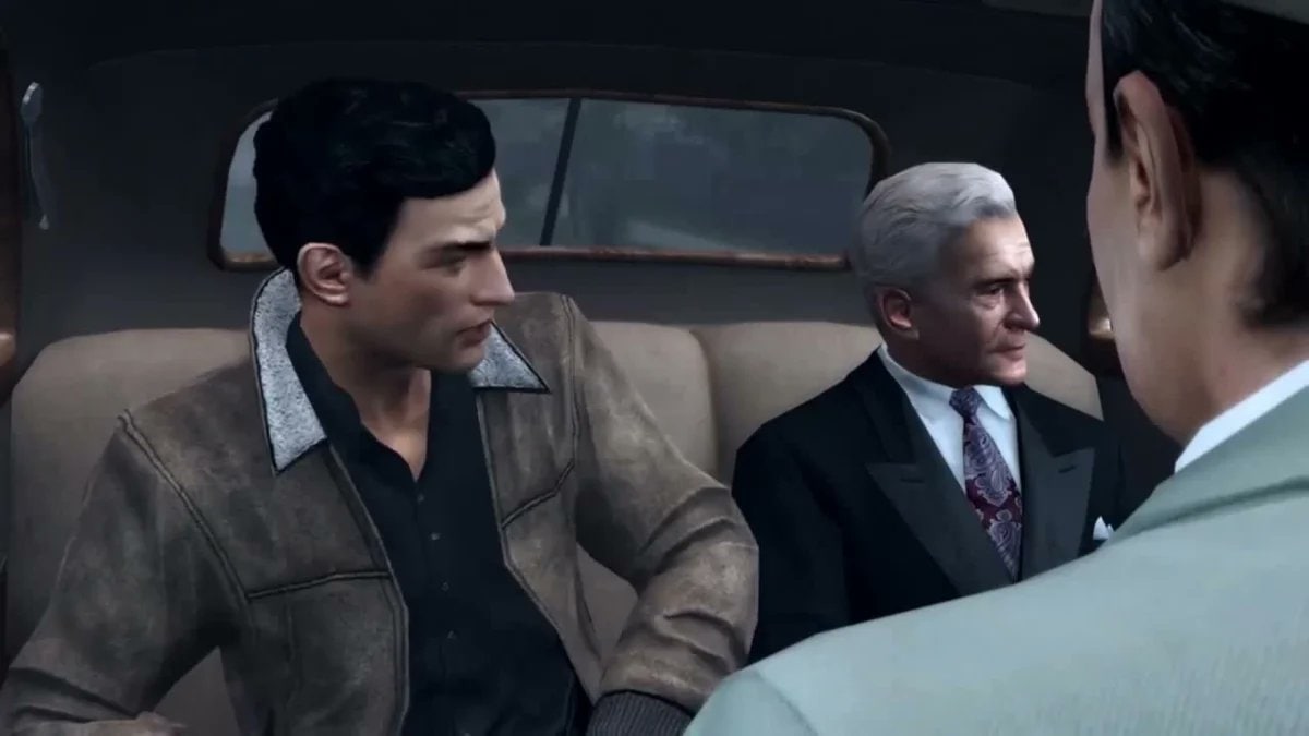 Мафия 2 Вито и Лео в машине Мем с Вито Скалеттой и Лео Галанте из игры Mafia 2, где они сидят в машине и разговаривают.