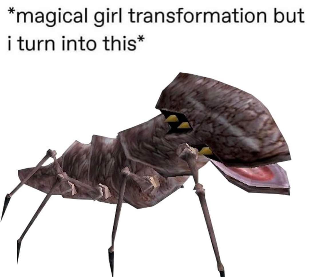 Magical girl transformation but i turn into this Мем с фразой «Превращение волшебной девочки, но я превращаюсь вот в это» и изображением барнакла из игры Half-Life. Барнакл — это монстр, который прикрепляется к потолку и ловит добычу длинным липким языком.