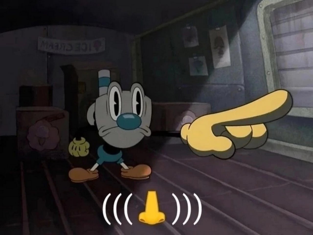Мем с Магменом и пальцем Мем с персонажем Магменом из игры Cuphead, который смотрит на указывающий палец, а снизу появляется анимированный нос