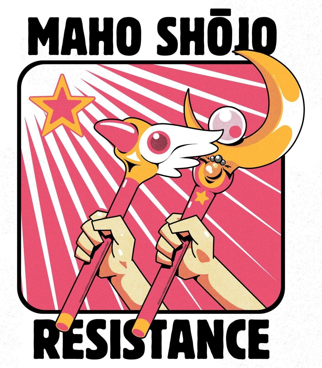 Две волшебницы с жезлами на фоне розовых лучей — Maho Shōjo Resistance, или «сопротивление девочек-волшебниц».