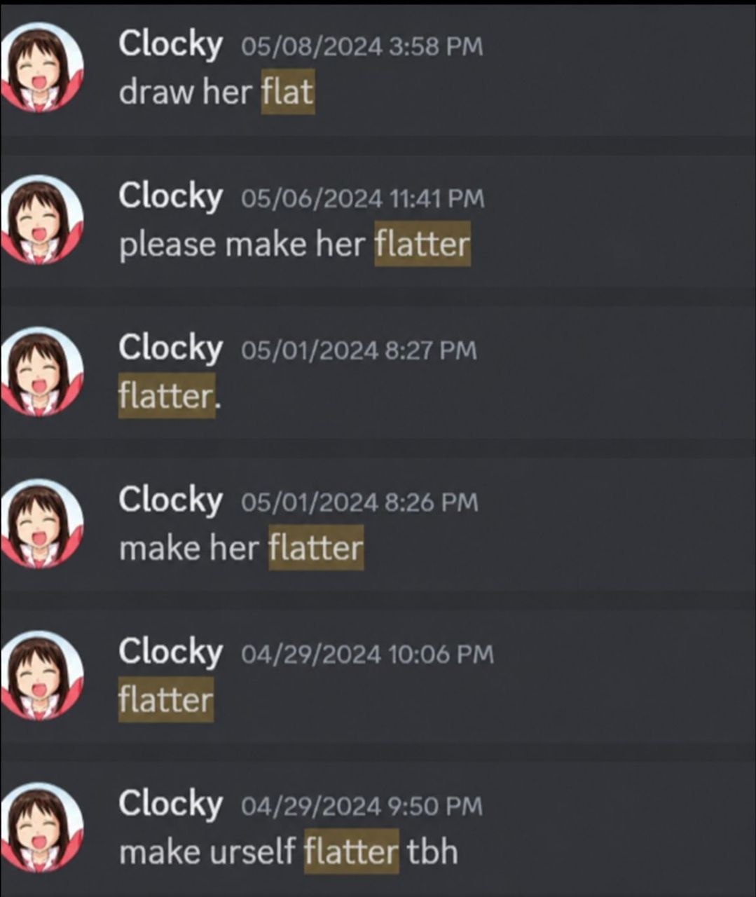 Переписка с повторяющейся просьбой сделать девушку ещё площе: «draw her flat», «please make her flatter» и «make urself flatter tbh».