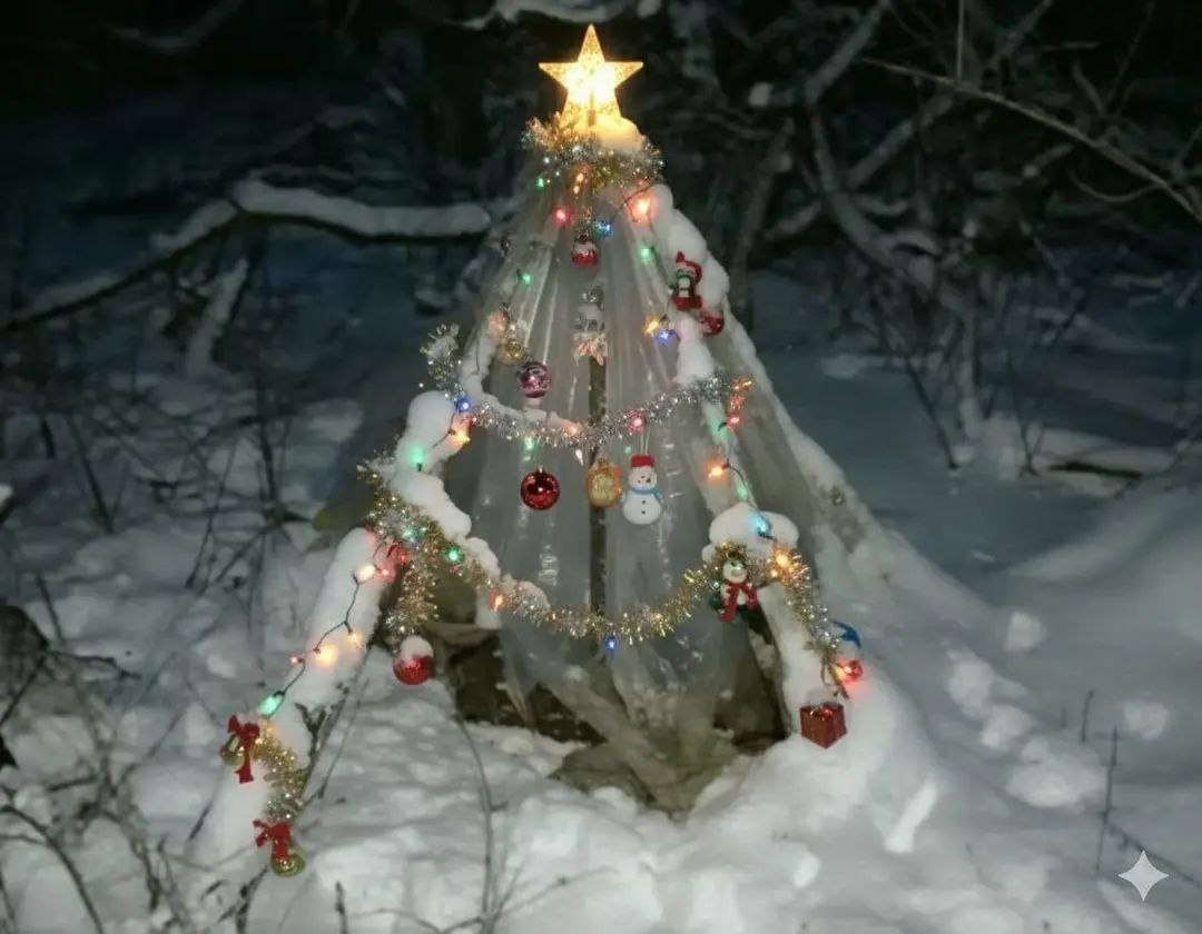 Самодельная новогодняя елка из веток и пленки в снегу