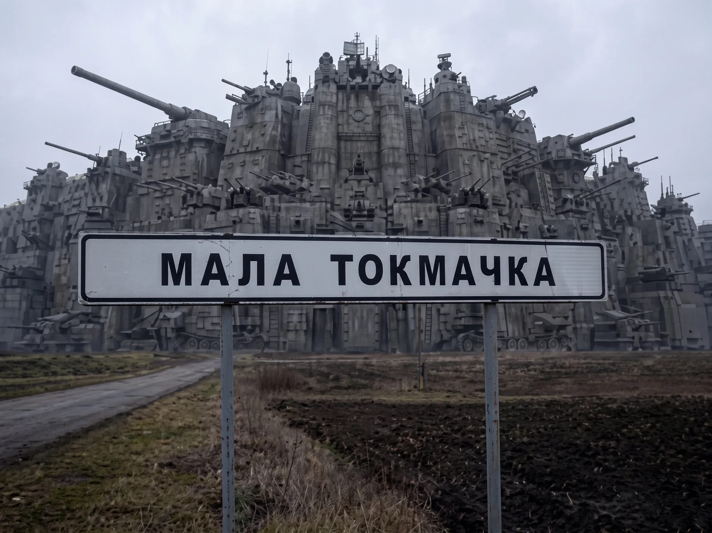 Дорожный знак «Мала Токмачка» на фоне огромной серой крепости с башнями и пушками