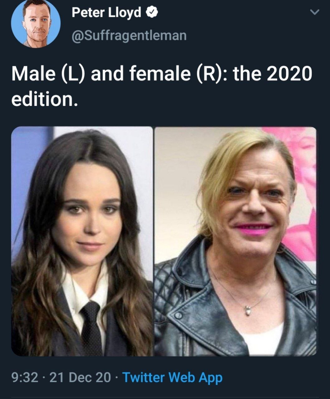Male (L) and female (R): the 2020 edition Мем с надписью «Мужчина (слева) и женщина (справа): версия 2020 года» и фотографиями Эллиота Пейджа и Эдди Иззарда, где Эллиот слева в костюме с галстуком, а Эдди справа в женском образе с макияжем.