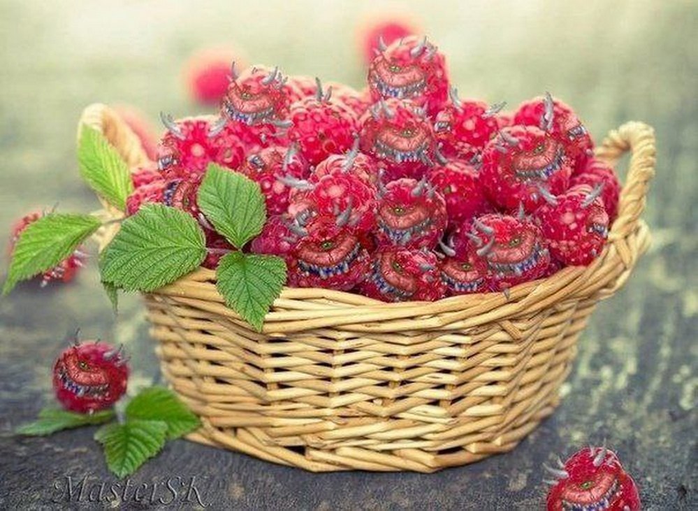 Малина-демоны из Доома Корзина, полная малины, которая выглядит как демоны из игры Doom.