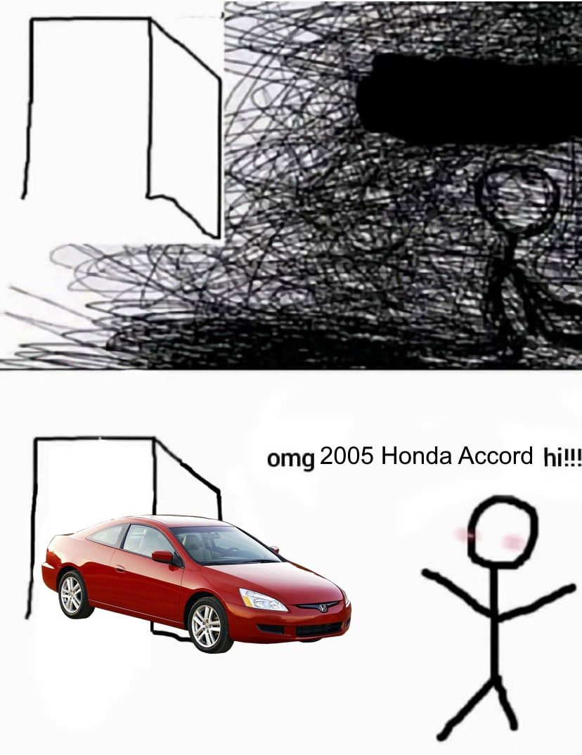 Грустный человек и красный Honda Accord Мем, где человеку плохо, но вид красного Honda Accord 2005 года его резко радует.