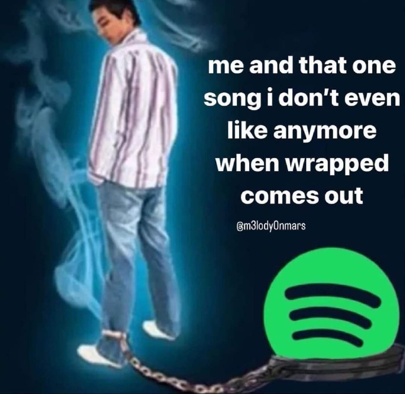 Мужчина прикован цепью к Spotify Мем, где мужчина прикован цепью к логотипу Spotify, не имея возможности уйти.