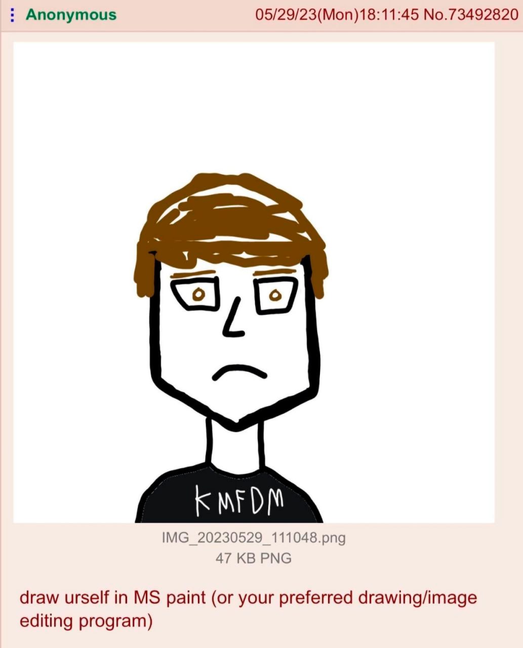 Мужчина в футболке KMFDM нарисованный в MS Paint Мем, где анонимный пользователь 4chan рисует себя в MS Paint с грустным лицом и в футболке KMFDM.