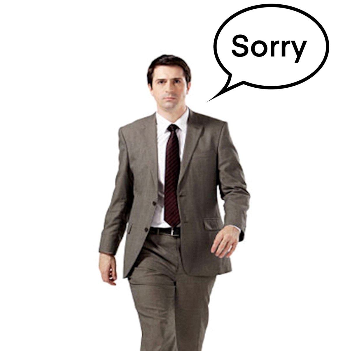 Мужчина в костюме Sorry Мужчина в костюме с речевым облаком "Sorry"