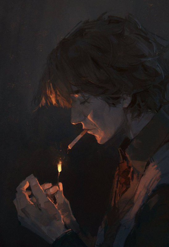 Мужчина прикуривает сигарету от спички в темноте Нарисованный мужчина с всклокоченными волосами прикуривает сигарету от спички в темноте, а свет огня освещает его лицо и руки