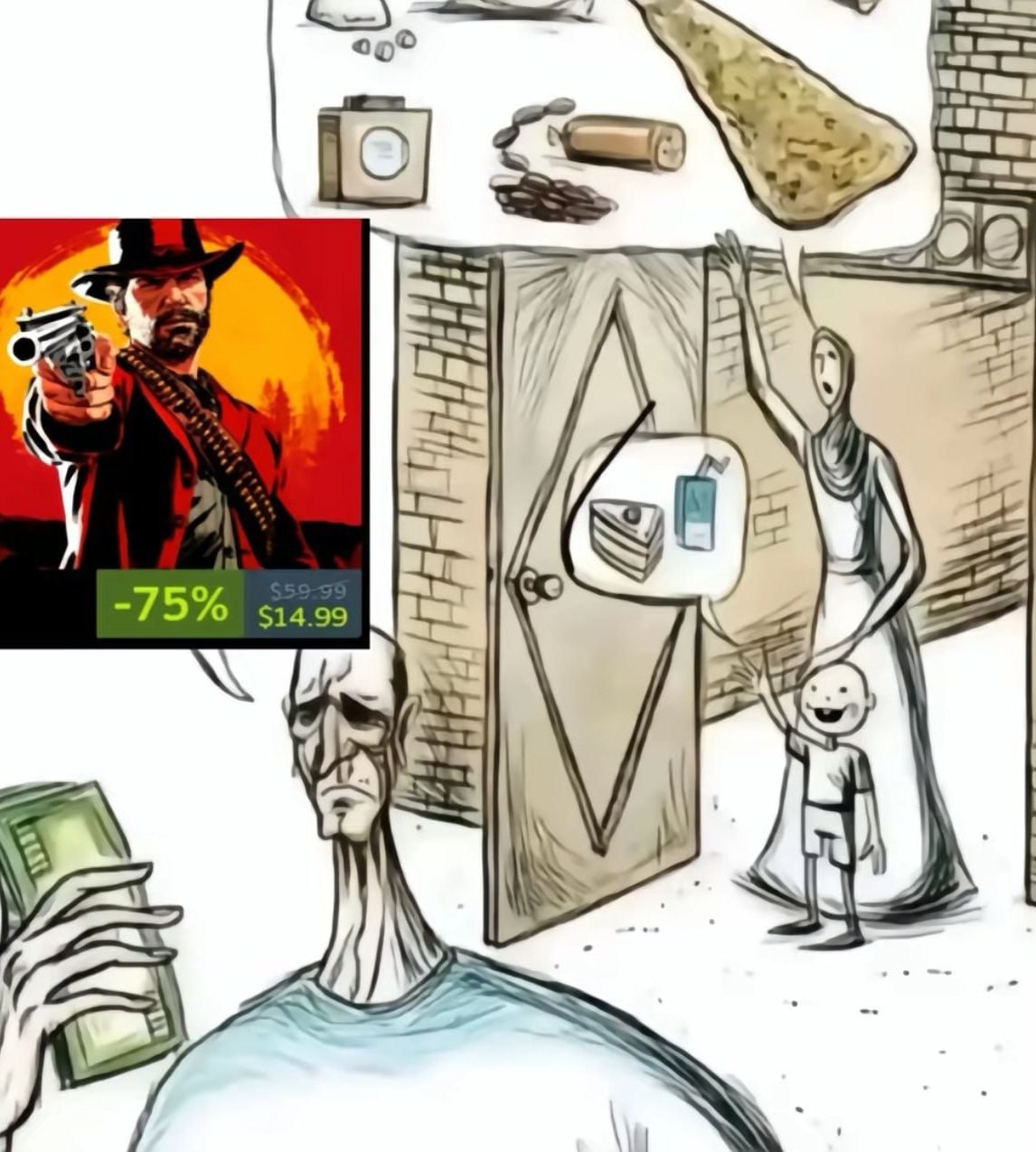 Мужчина смотрит на Red Dead Redemption 2, пока семья голодает Мужчина, который выглядит истощенным, держит в руке пачку денег и смотрит на обложку игры Red Dead Redemption 2 со скидкой, в то время как его жена и ребенок указывают на еду.