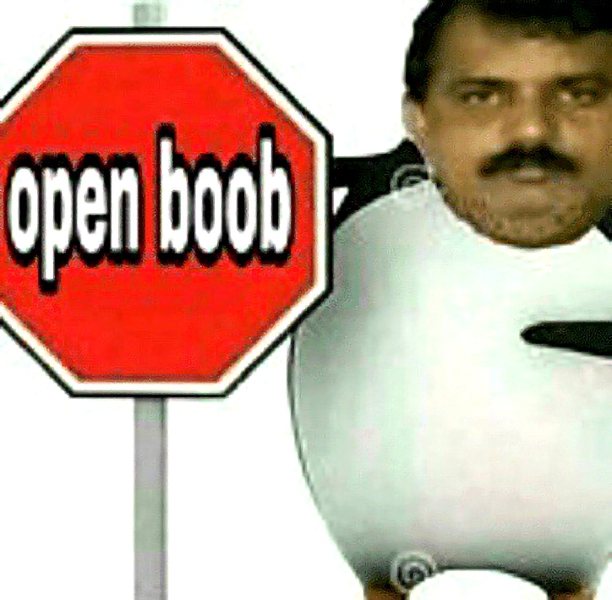 Мужчина-пингвин и дорожный знак Open boob Мем с дорожным знаком «СТОП» и головой мужчины на теле пингвина с надписью «open boob»