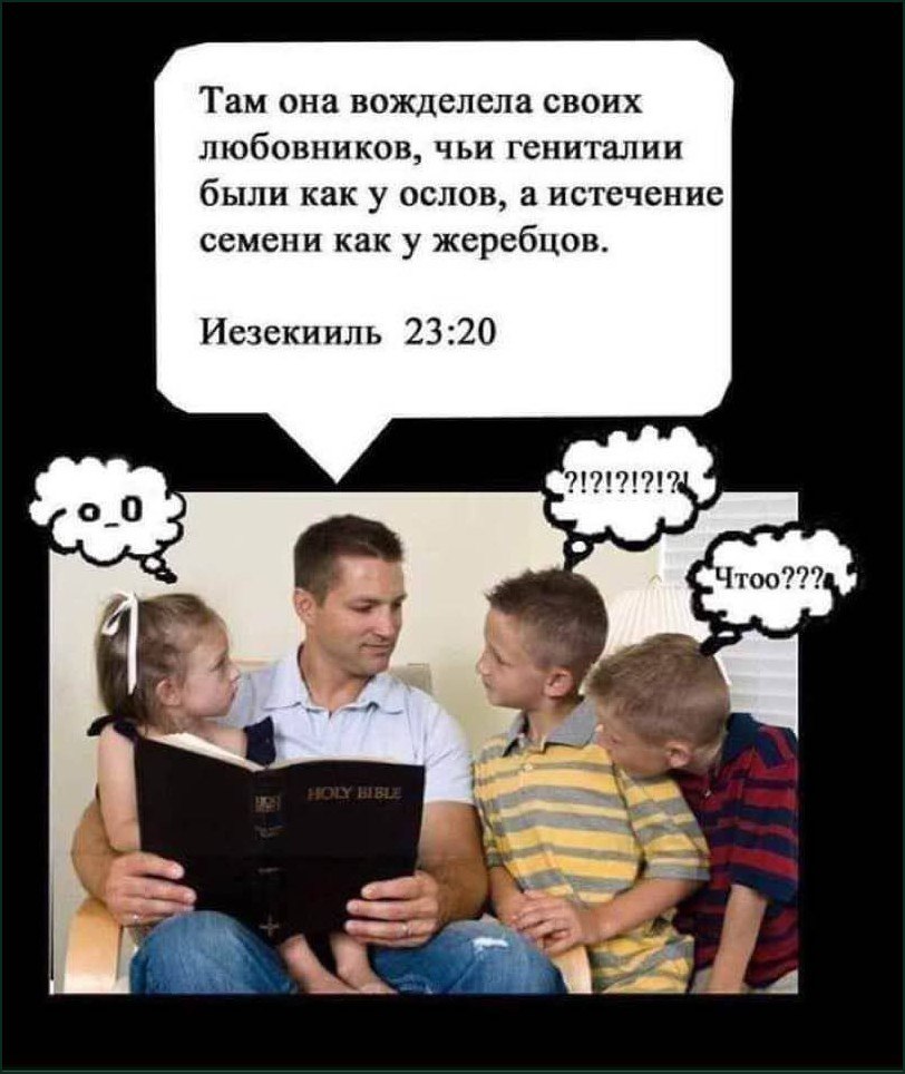 Мужчина читает Священное Писание детям Мужчина читает Священное Писание детям, а текст над его головой вызывает у них вопросы
