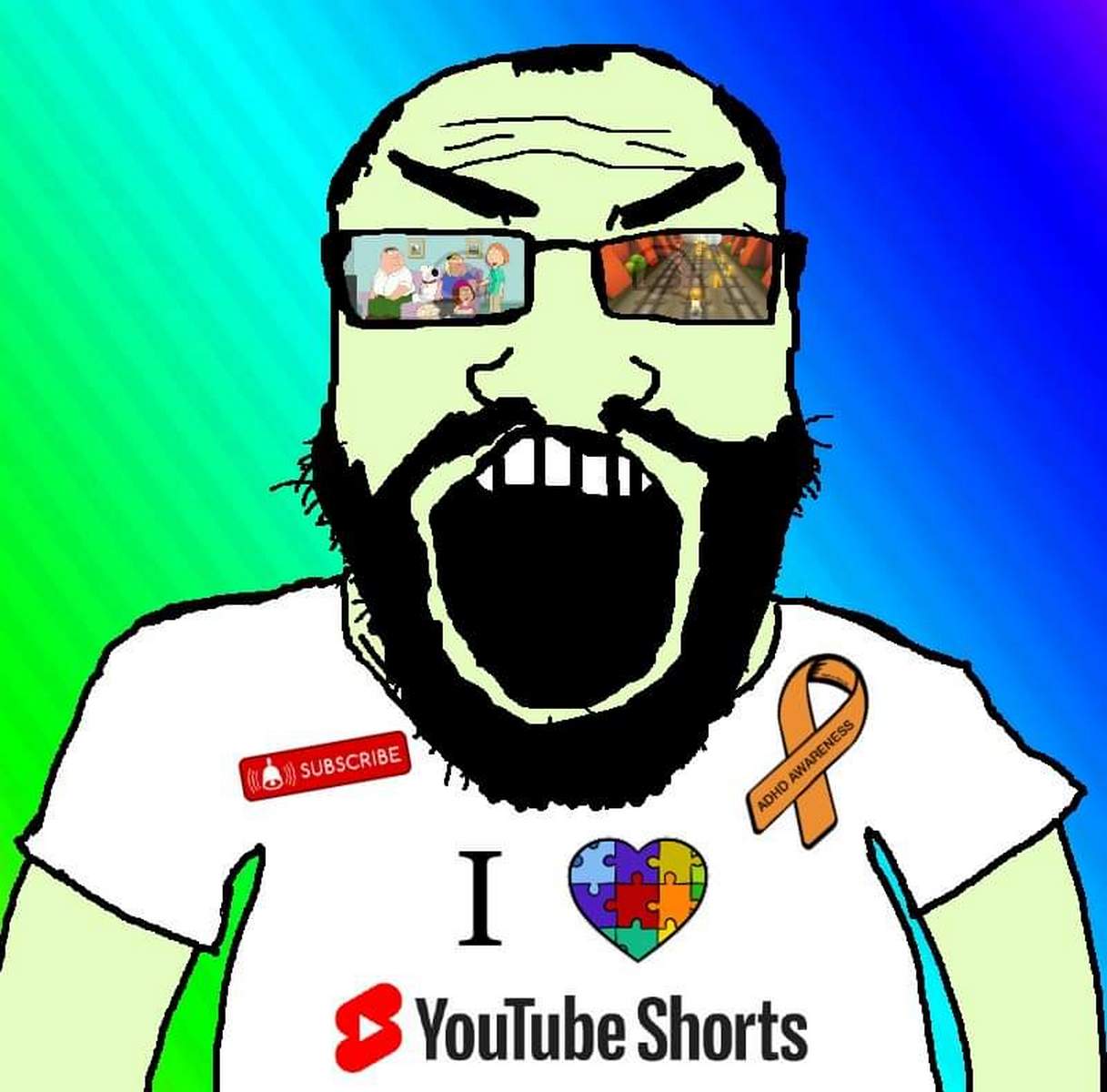 Мем с чуваком, который кричит из-за YouTube Shorts Мем с кричащим бородатым мужчиной, одетым в футболку "I love YouTube Shorts" и смотрящим ролики "Гриффинов" и "Subway Surfers", с ленточкой "ADHD Awareness"