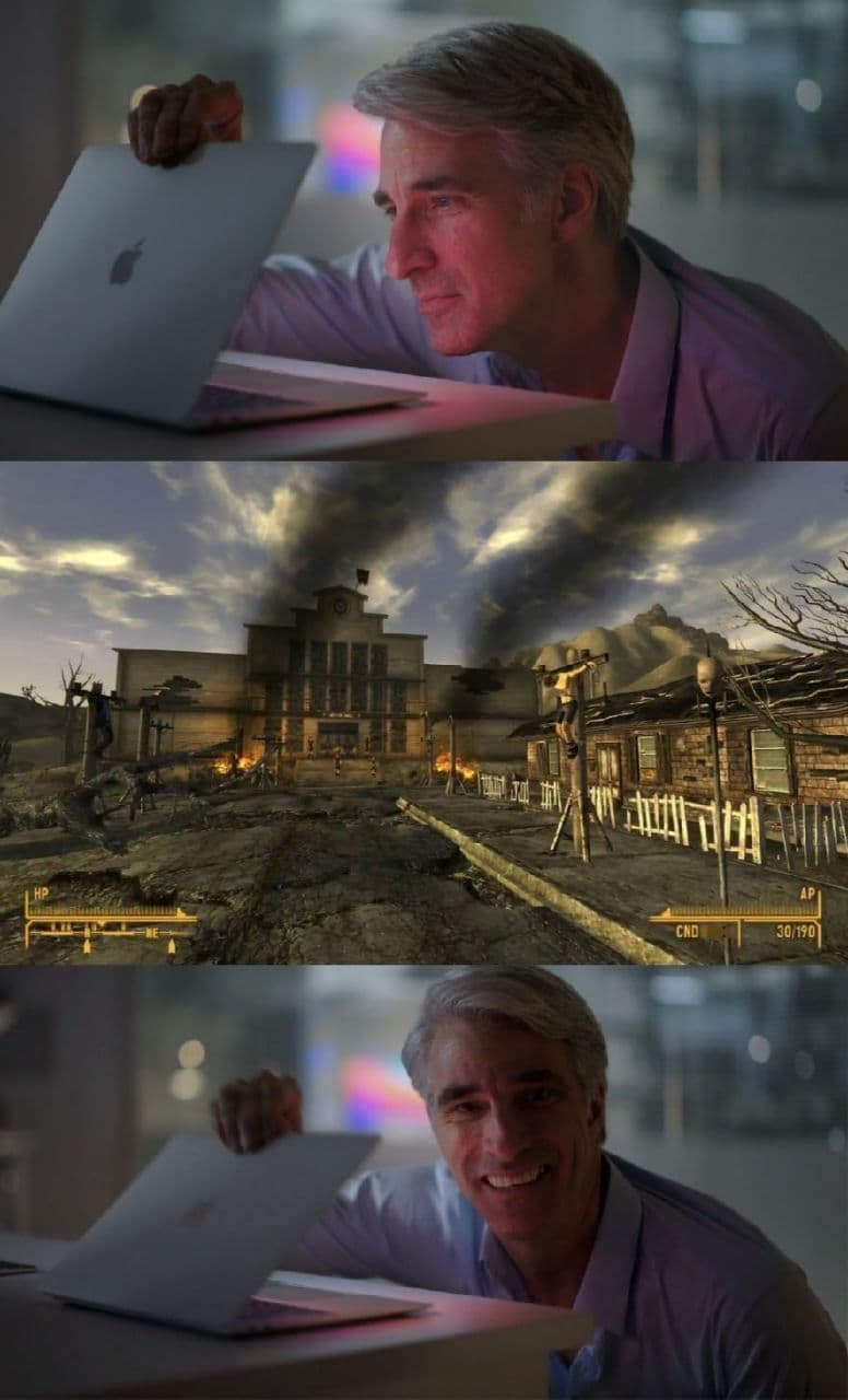 Мужчина показывает Fallout на макбуке Мем с мужчиной, который показывает, как выглядит Fallout на макбуке, а затем хитро улыбается. Изображение состоит из трех частей: сначала мужчина смотрит в экран макбука, затем показывают пейзаж из игры Fallout: New Vegas, а затем мужчина улыбается в камеру.