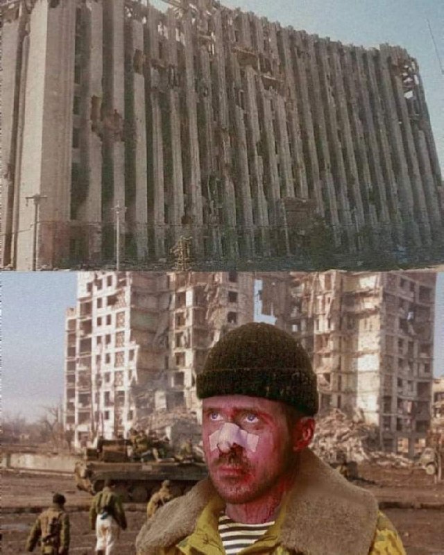 Мужчина с перебинтованным носом на фоне разрушенного города Мужчина с перебинтованным носом и следами крови на лице на фоне разрушенных зданий и военной техники