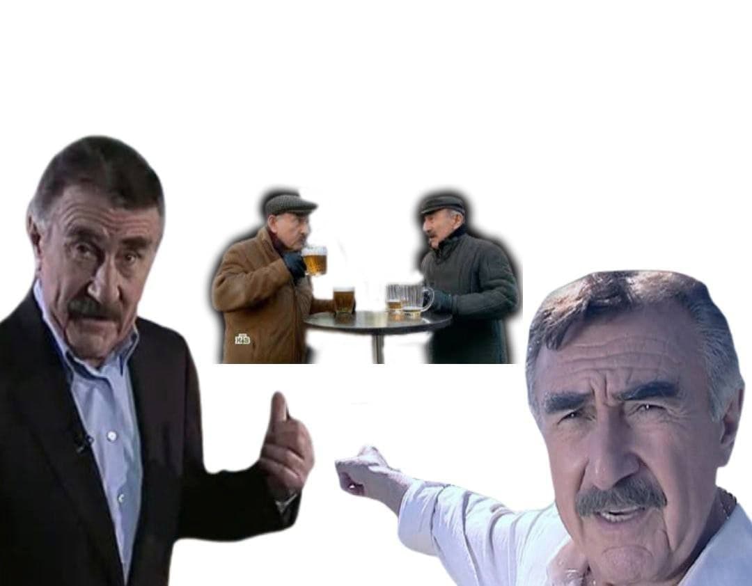 Мужик с усами и пивом Мужик с усами сидит за столом и пьёт пиво, а другой мужик с усами показывает на него пальцем и делает жест "класс".