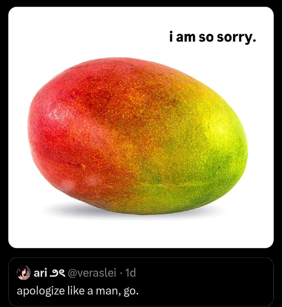 Манго i am so sorry Манго на белом фоне с надписью «i am so sorry» и комментарием «apologize like a man, go.»