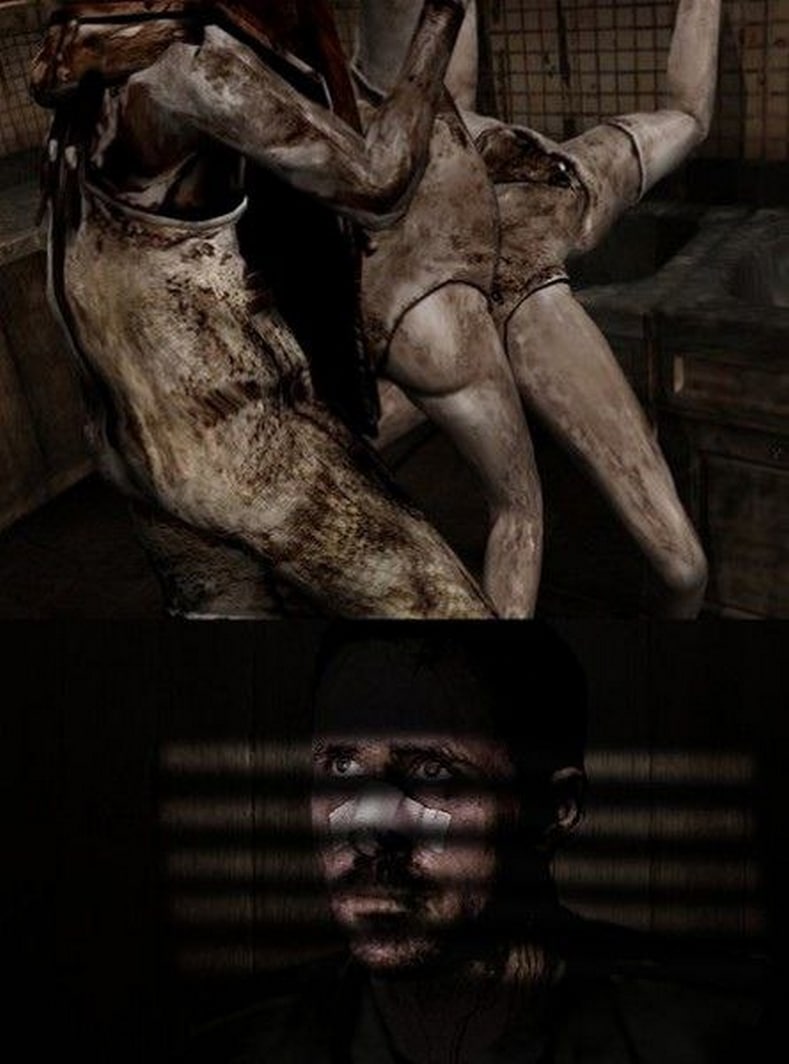 Манекены Silent Hill 2 и смотрящий мужчина Мужчина в ужасе смотрит на манекены из Silent Hill 2.