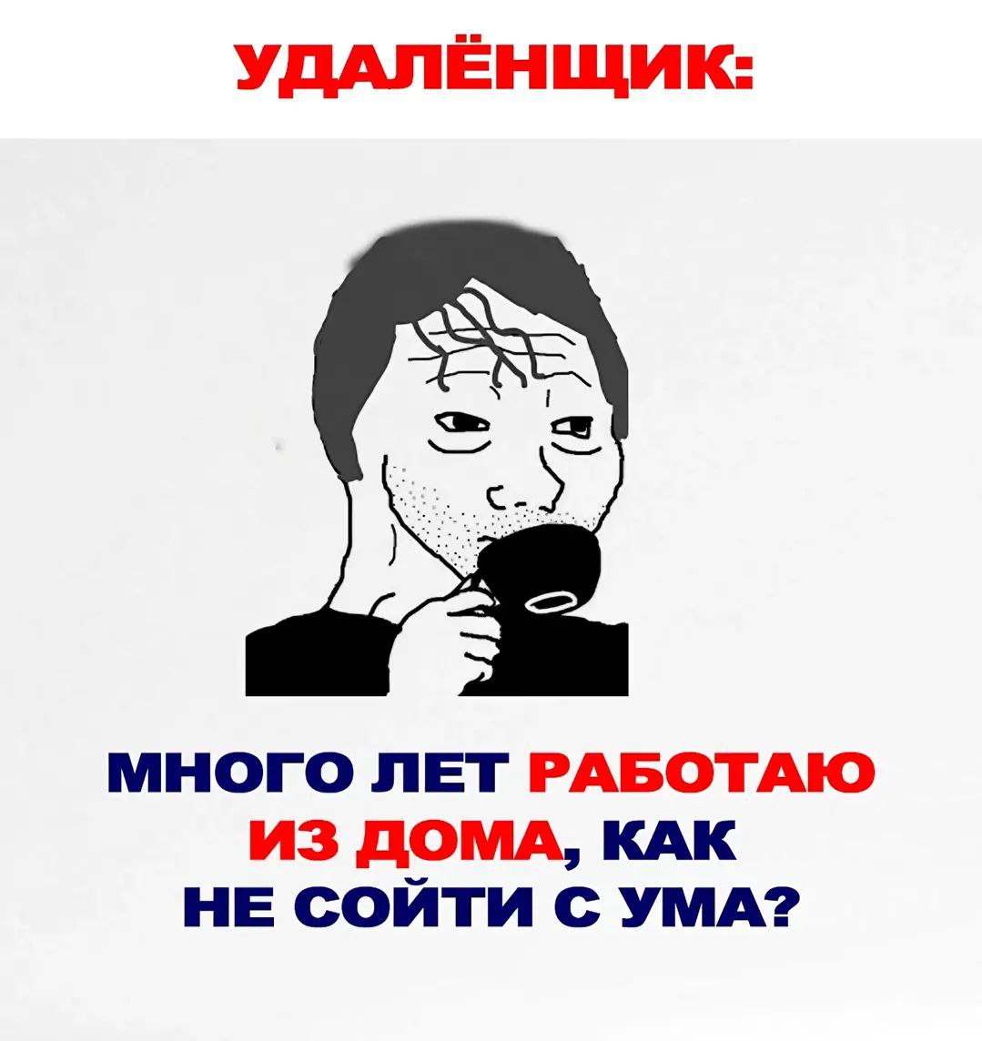 Много лет работаю из дома, как не сойти с ума? Мем с Вояком и текстом «Много лет работаю из дома, как не сойти с ума?».