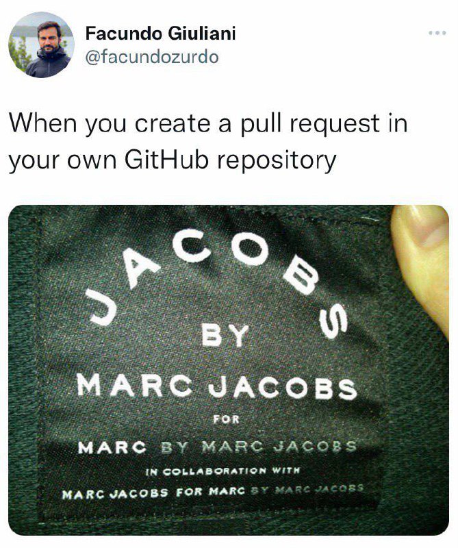 Marc Jacobs и GitHub pull request Надпись на бирке одежды Marc Jacobs, которая кажется слишком сложной, и сравнение ее с pull-реквестом в GitHub.