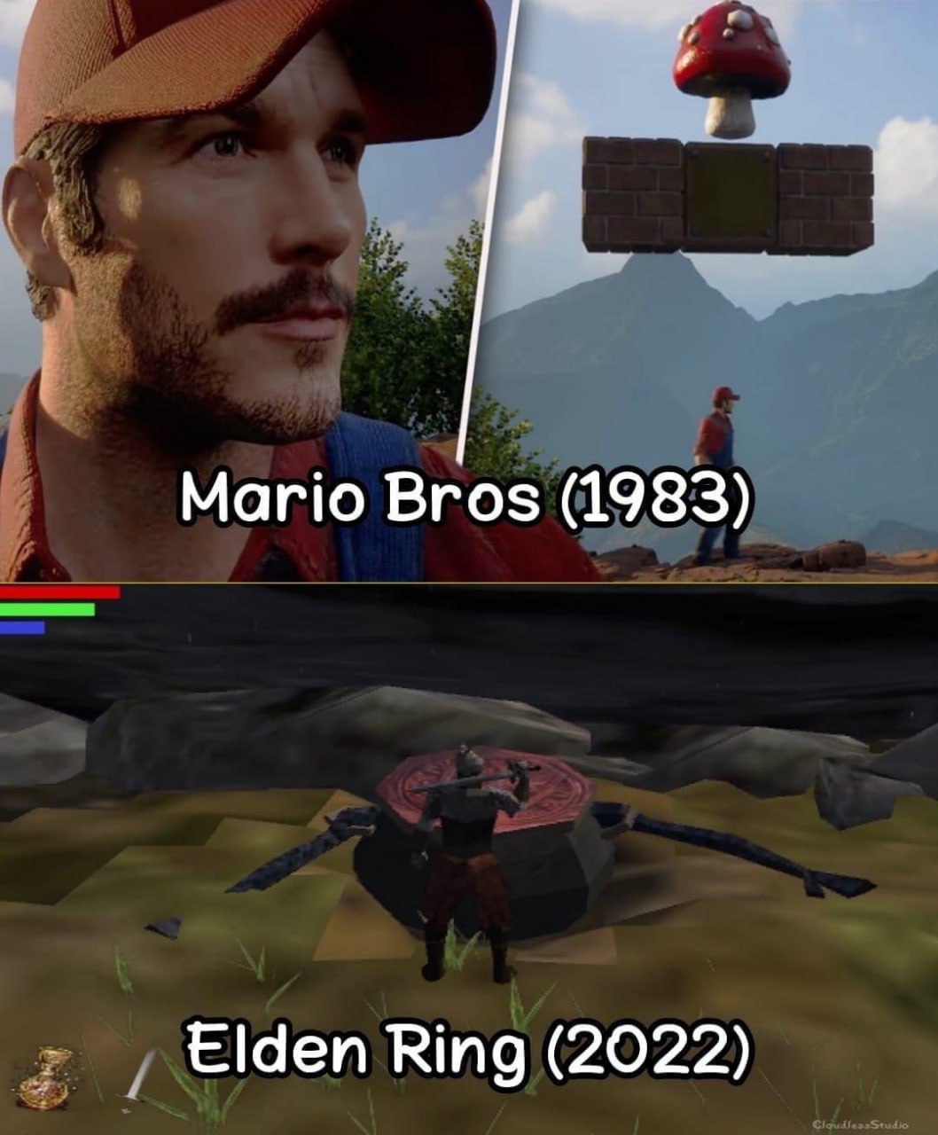 Mario Bros (1983) против Elden Ring (2022) Мем, сравнивающий реалистичную графику из фан-игры Mario Bros 1983 года с графикой Elden Ring 2022 года, высмеивая ее низкую детализацию.
